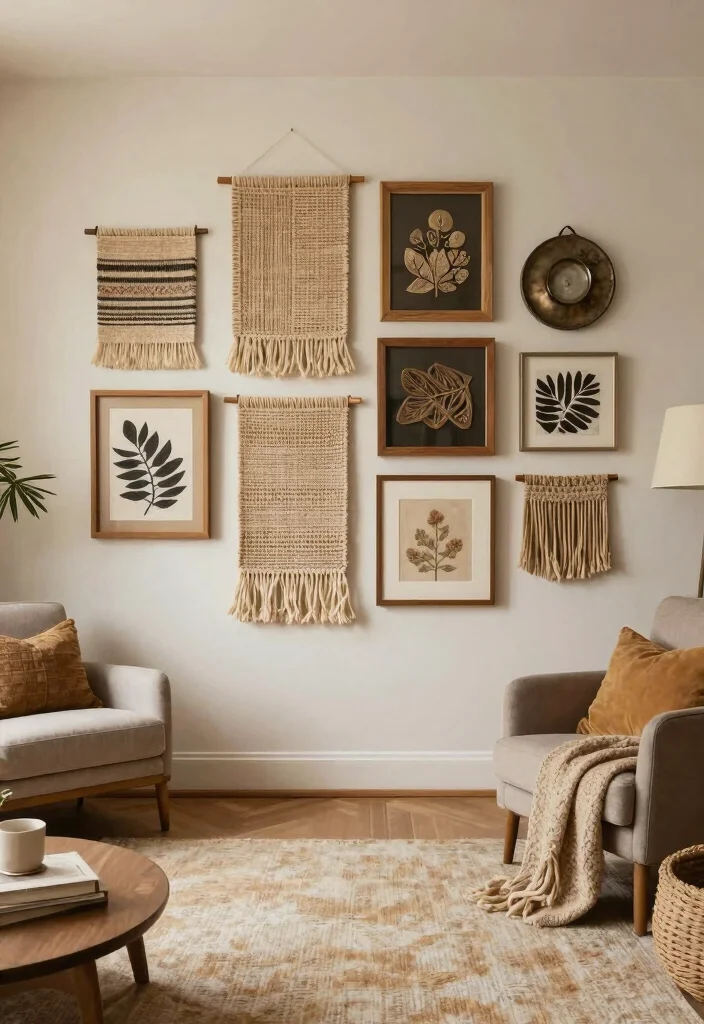 18 Gallery Walls Living Room Ideas for a Personal Artful Display - 11. Layered Textures 1