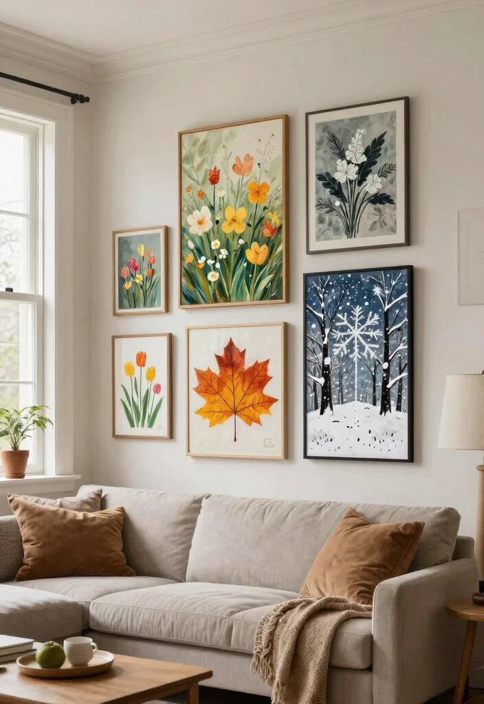 18 Gallery Walls Living Room Ideas for a Personal Artful Display - 13. Seasonal Gallery Wall 1