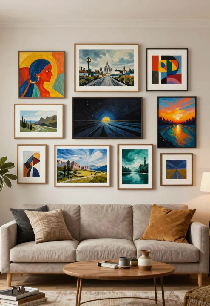 18 Gallery Walls Living Room Ideas for a Personal Artful Display - 14. Art from Local Artists 1