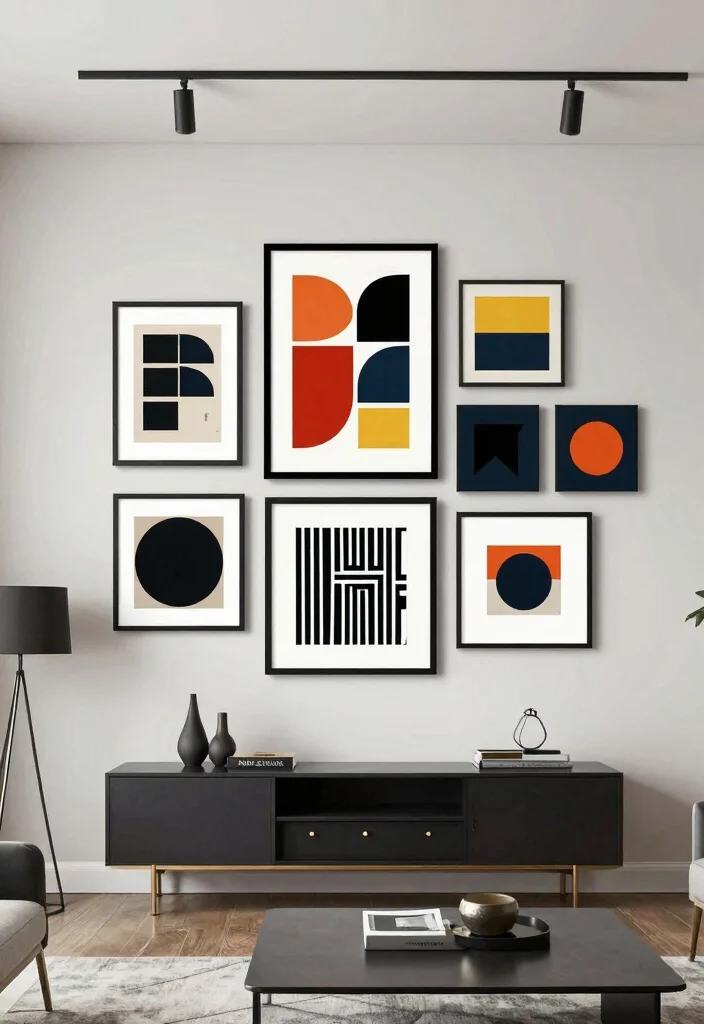 18 Gallery Walls Living Room Ideas for a Personal Artful Display - 15. Modern Geometric Patterns 1