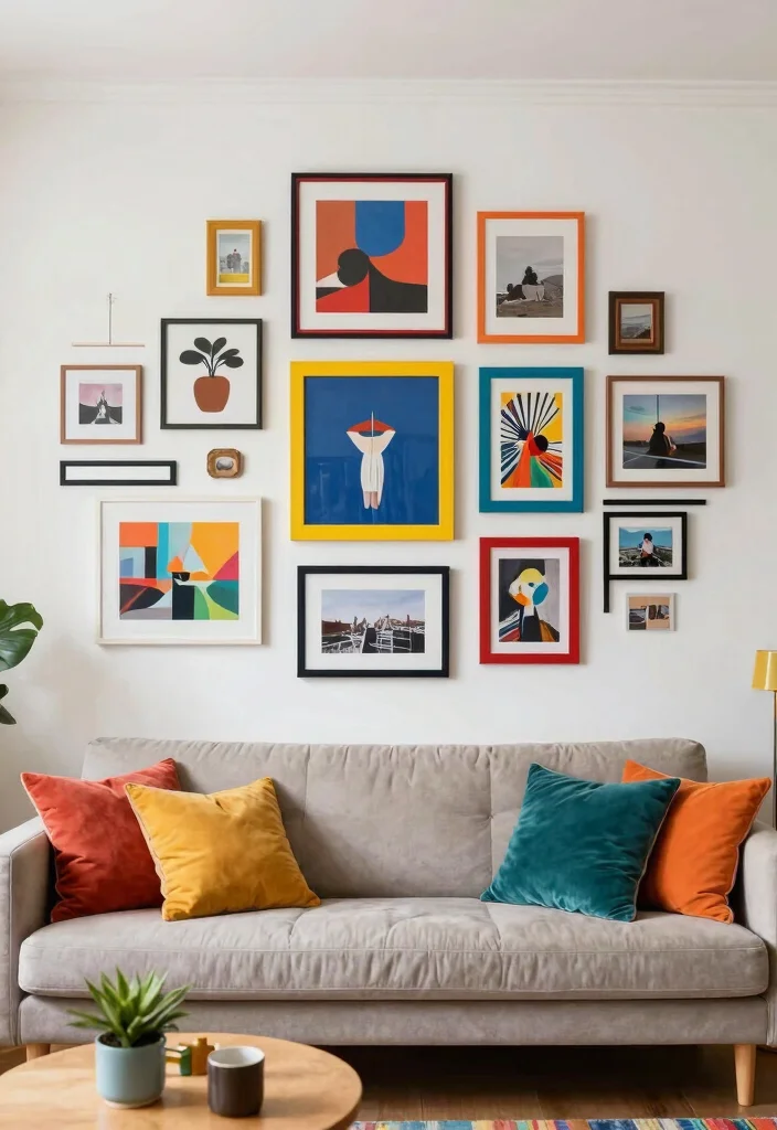 18 Gallery Walls Living Room Ideas for a Personal Artful Display - 4. Artistic Mix and Match 1