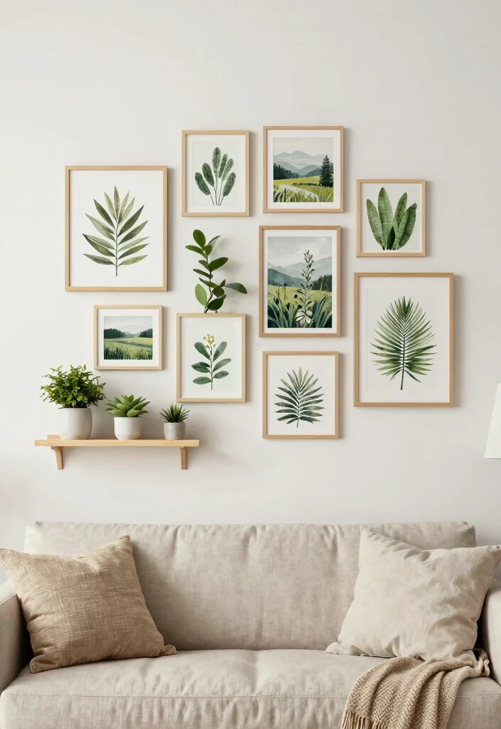 18 Gallery Walls Living Room Ideas for a Personal Artful Display - 5. Nature-Inspired Display 1
