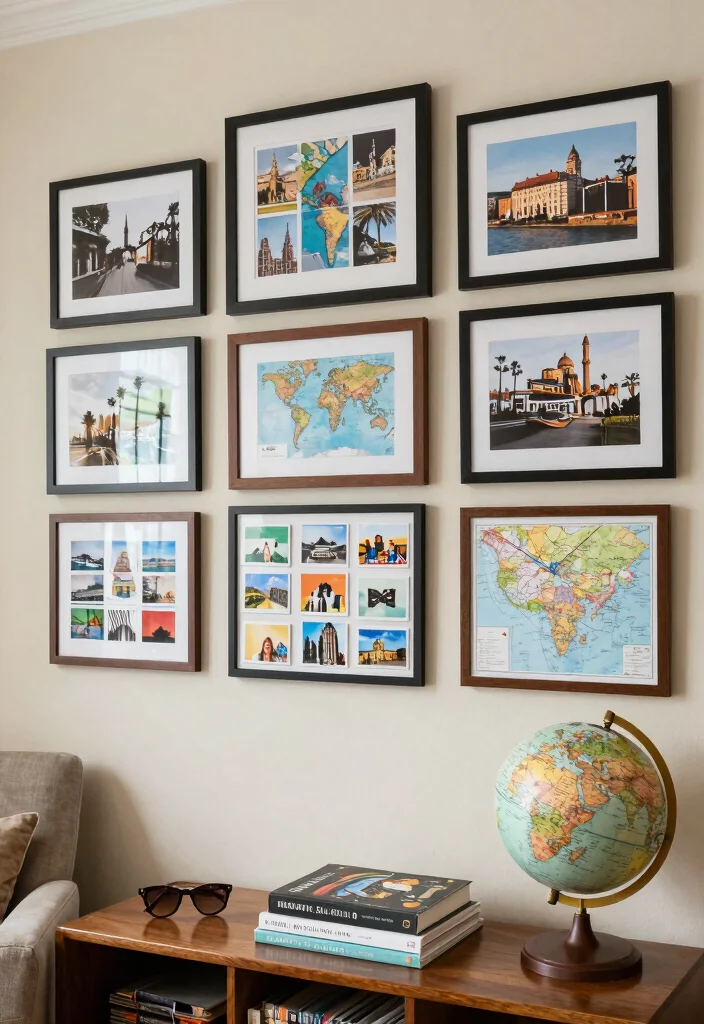 18 Gallery Walls Living Room Ideas for a Personal Artful Display - 7. Travel Memory Wall 1