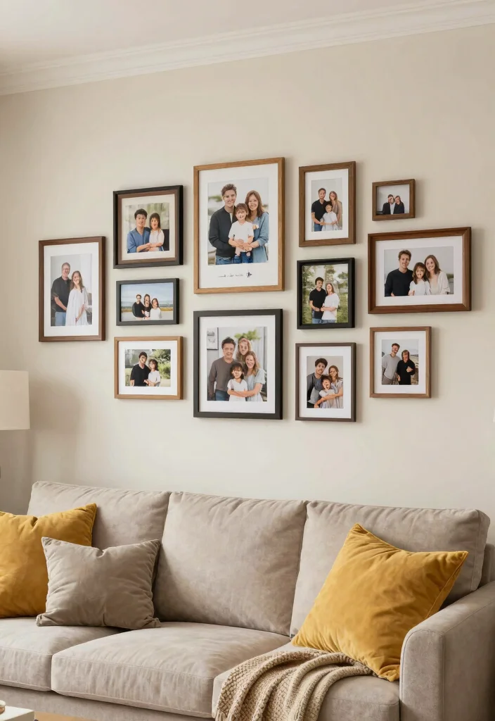 18 Gallery Walls Living Room Ideas for a Personal Artful Display - 8. Family Photo Showcase 1
