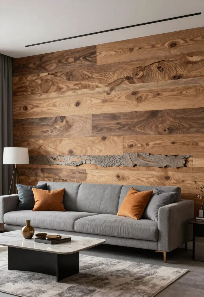 18 Living Room Wood Wall Ideas: Warm Textured Backdrop - 11. Layered Wood Textures 1