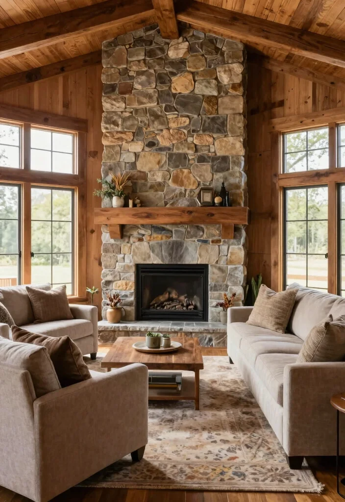 18 Living Room Wood Wall Ideas: Warm Textured Backdrop - 12. Wood & Stone Combination 1