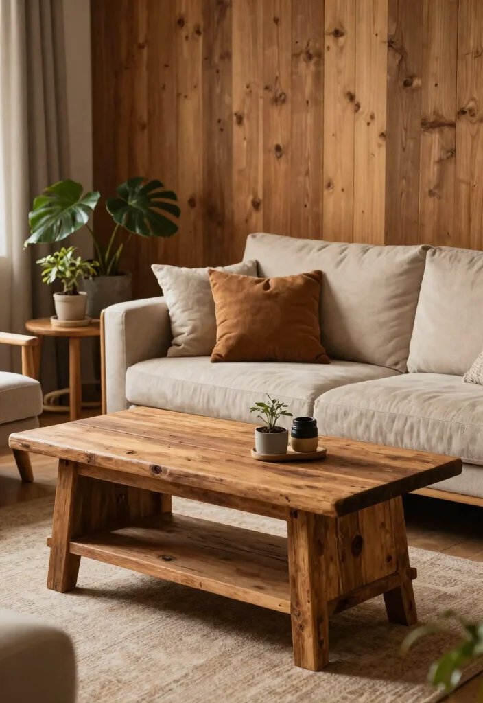 18 Living Room Wood Wall Ideas: Warm Textured Backdrop - 13. Rustic Wood Furniture Accents 1