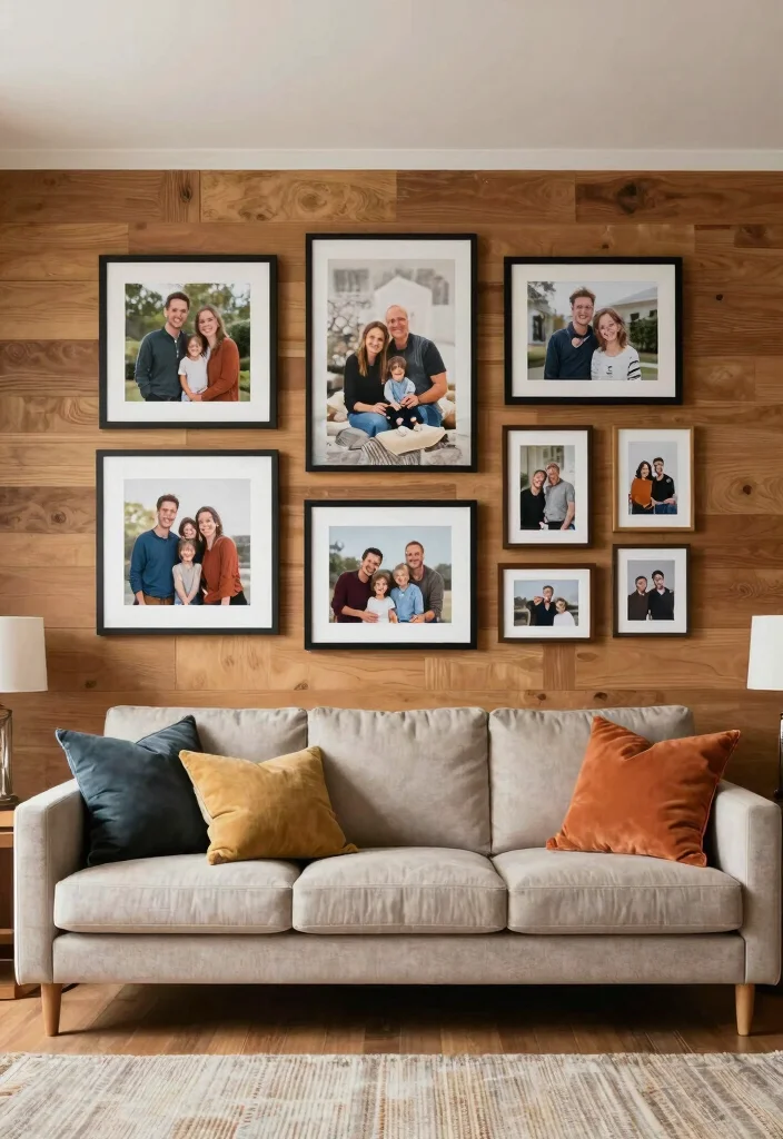 18 Living Room Wood Wall Ideas: Warm Textured Backdrop - 14. Accent Wall with Wall Art 1