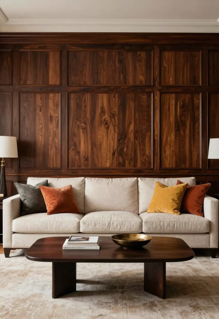 18 Living Room Wood Wall Ideas: Warm Textured Backdrop - 16. Dark Stained Wood Paneling 1