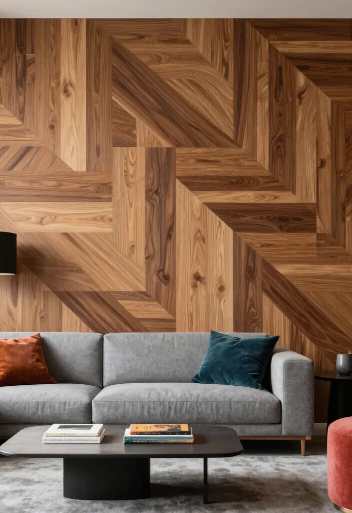 18 Living Room Wood Wall Ideas: Warm Textured Backdrop - 8. Geometric Wood Patterns 1