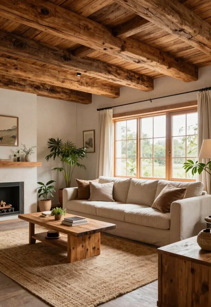 18 Living Room Wood Wall Ideas: Warm Textured Backdrop - 9. Rustic Wood Beams 1