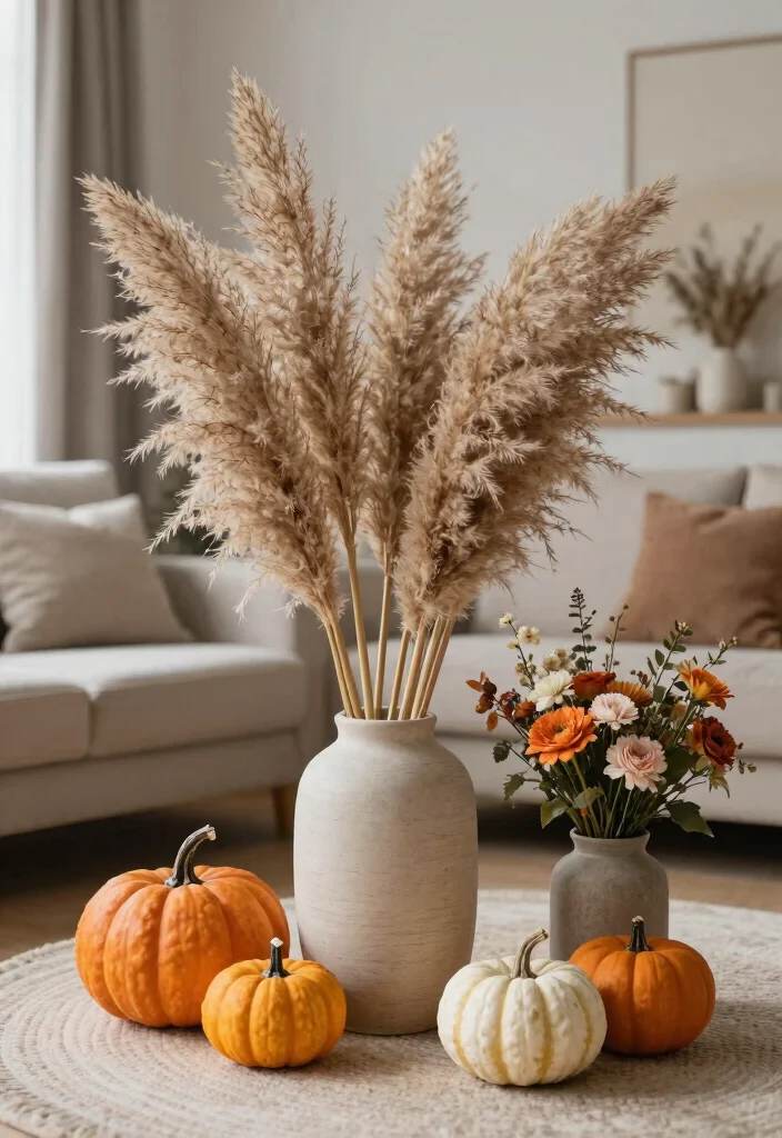 18 Pampas Grass Decor Living Room Ideas Soft Boho Texture - 10. Seasonal Pampas Grass Swaps 1