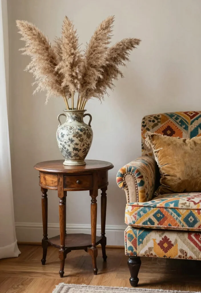 18 Pampas Grass Decor Living Room Ideas Soft Boho Texture - 11. Pampas Grass and Vintage Finds 1