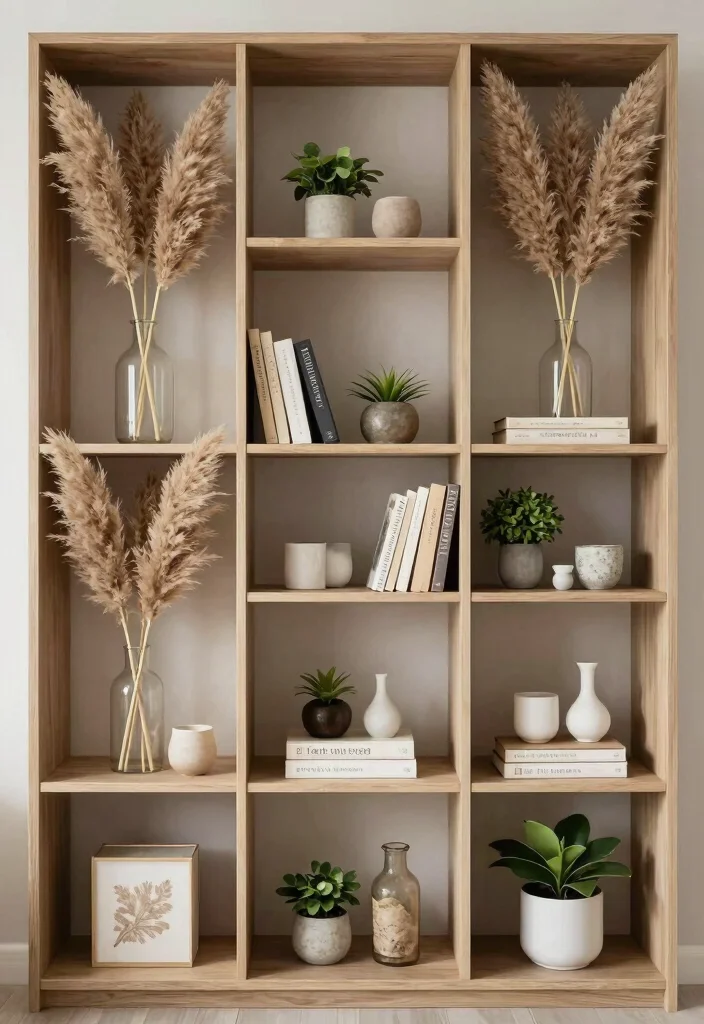 18 Pampas Grass Decor Living Room Ideas Soft Boho Texture - 13. Pampas Grass in Open Shelving 1