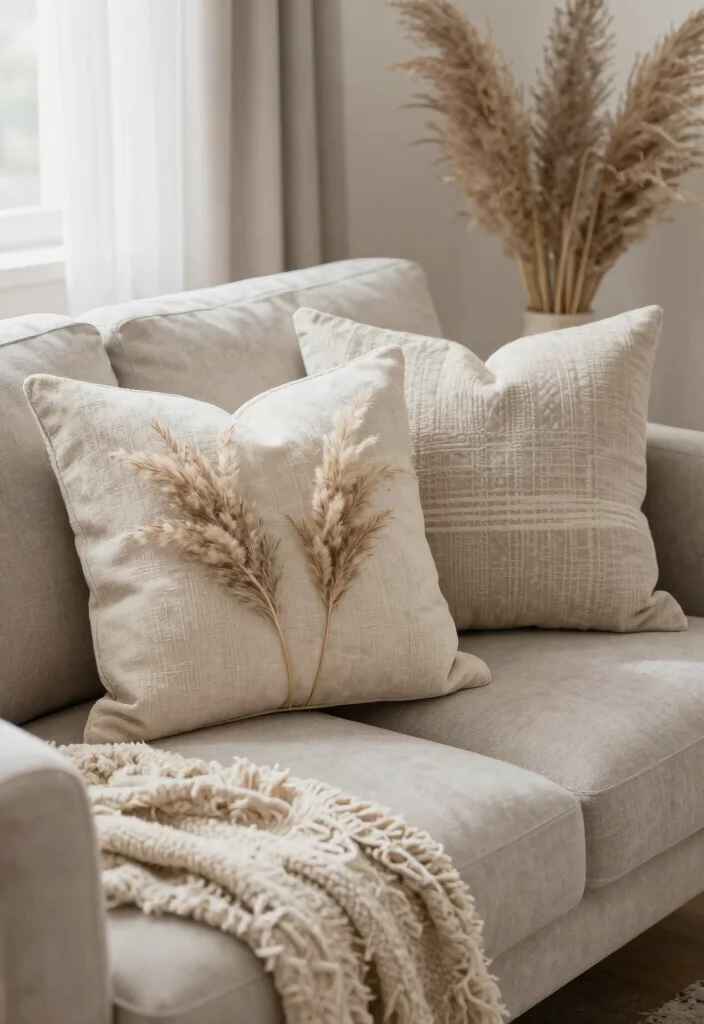 18 Pampas Grass Decor Living Room Ideas Soft Boho Texture - 14. Pampas Grass Decorative Pillows 1