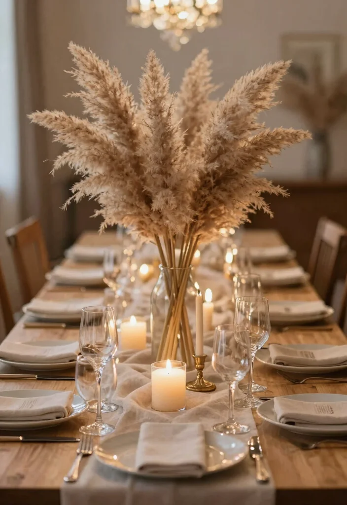 18 Pampas Grass Decor Living Room Ideas Soft Boho Texture - 15. Pampas Grass Table Decor for Events 1