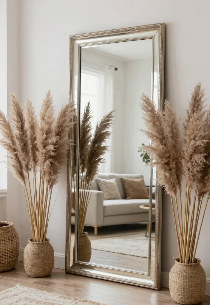 18 Pampas Grass Decor Living Room Ideas Soft Boho Texture - 17. Pampas Grass Layered with Mirrors 1