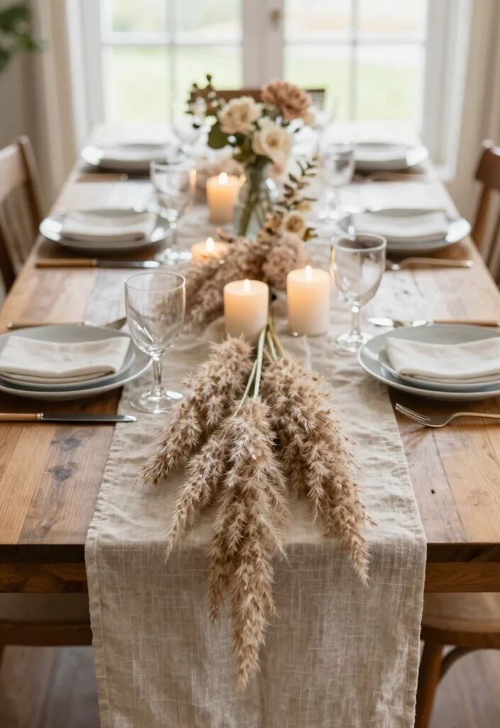 18 Pampas Grass Decor Living Room Ideas Soft Boho Texture - 5. Pampas Grass as a Table Runner 1