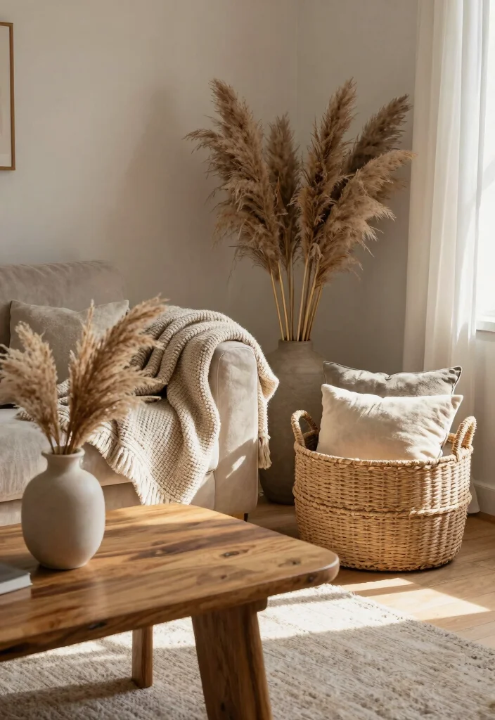 18 Pampas Grass Decor Living Room Ideas Soft Boho Texture - 6. Layering Pampas Grass with Other Textures 1