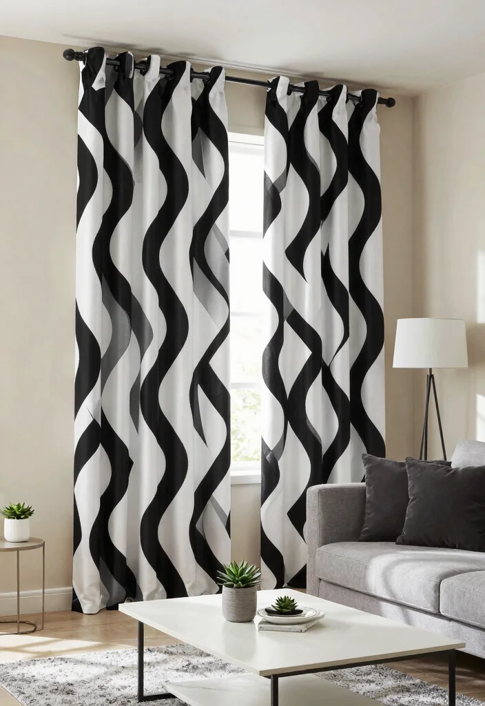 18 Wave Curtains Living Room Ideas for a Modern Flowing Look - 9. Geometric Wave Curtains 1