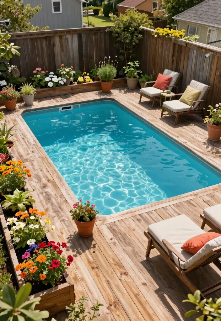 12 Above Ground Lap Pool Ideas for Small Backyards on a Budget - 1. Wooden Deck Above Ground Pool with Garden Edging 1