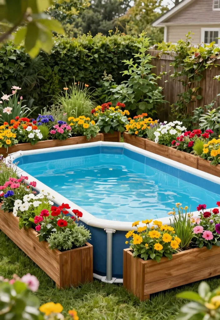12 Above Ground Lap Pool Ideas for Small Backyards on a Budget - 10. Above Ground Pool with Wooden Planter Boxes 1