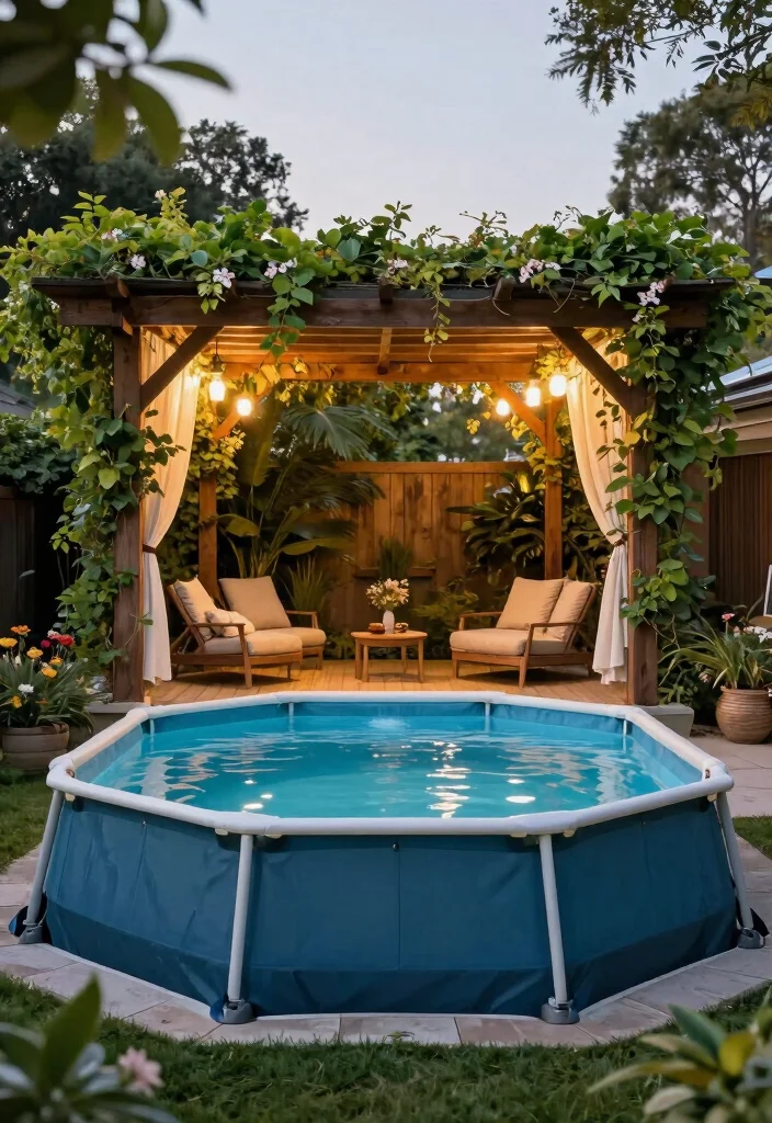 12 Above Ground Lap Pool Ideas for Small Backyards on a Budget - 11. Small Above Ground Pool with Pergola 1