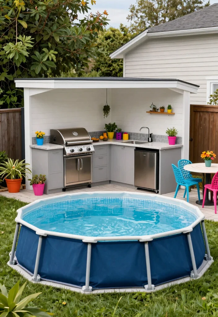 12 Above Ground Lap Pool Ideas for Small Backyards on a Budget - 12. Compact Above Ground Pool with Outdoor Kitchenette 1