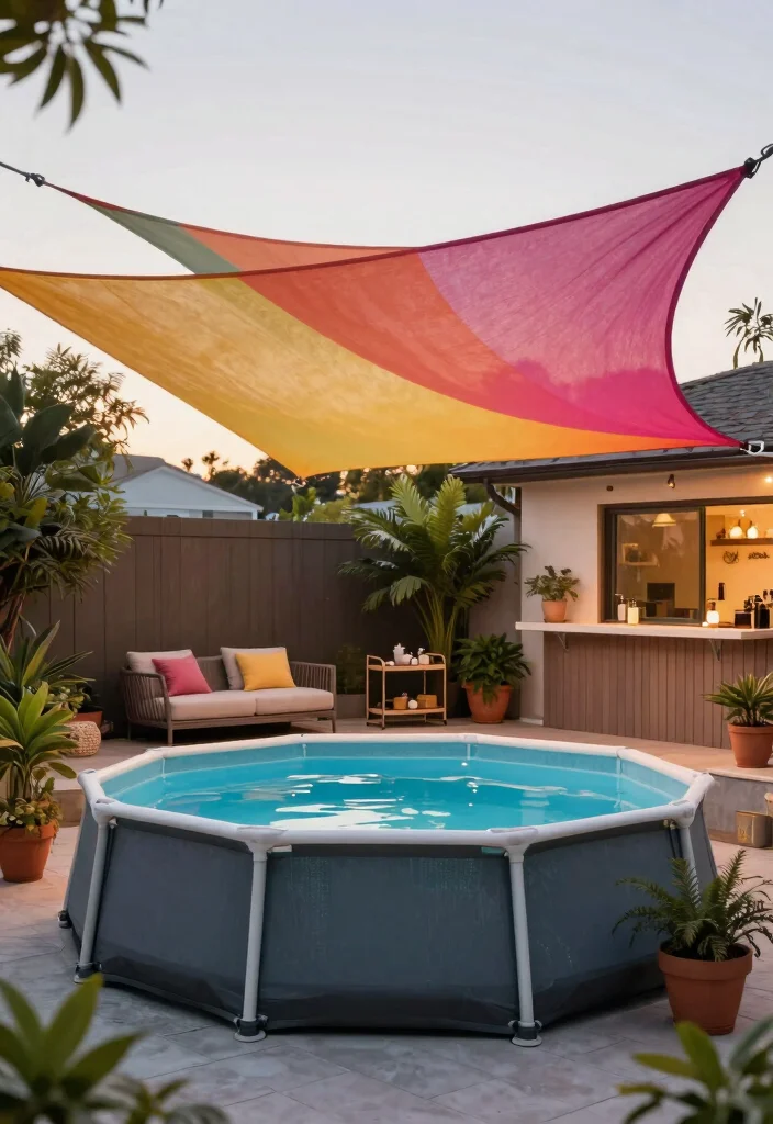 12 Above Ground Lap Pool Ideas for Small Backyards on a Budget - 6. Above Ground Pool with Shade Sail 1