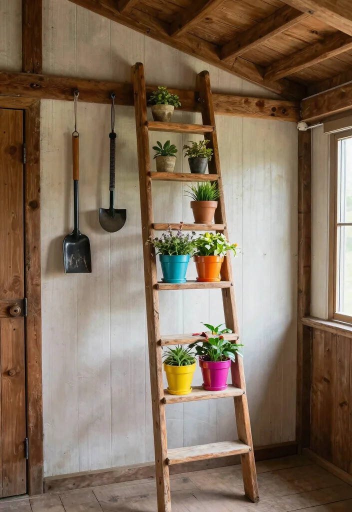 12 Shed Rafter Storage Ideas to Maximize Every Inch of Overhead Space - 2. Vertical Ladder Storage 1