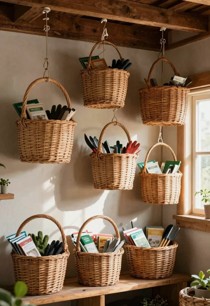 12 Shed Rafter Storage Ideas to Maximize Every Inch of Overhead Space - 3. Decorative Baskets 1