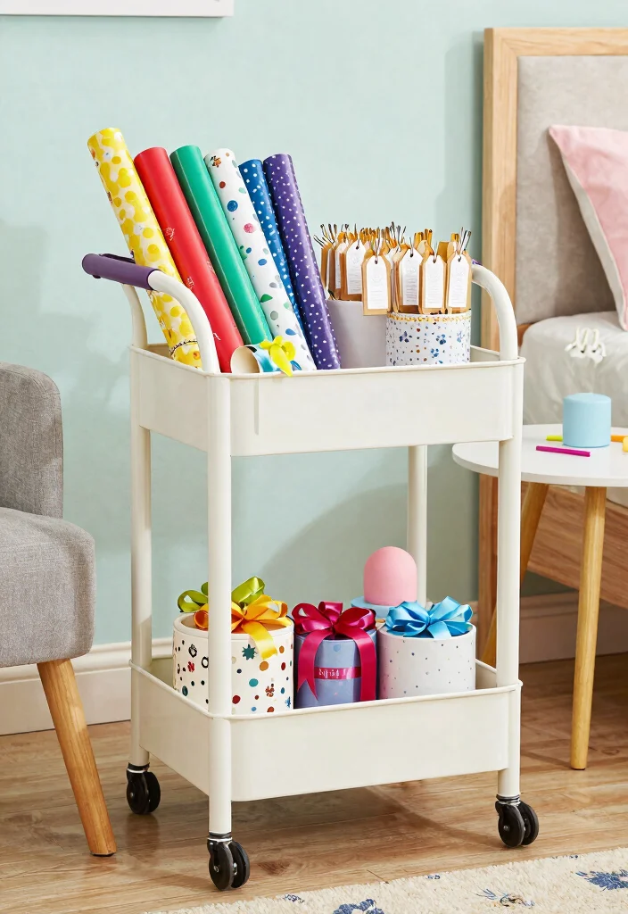 12 Utility Cart Ideas to Add Extra Storage to Any Bedroom - 12. Customized Gift Wrapping Station 1