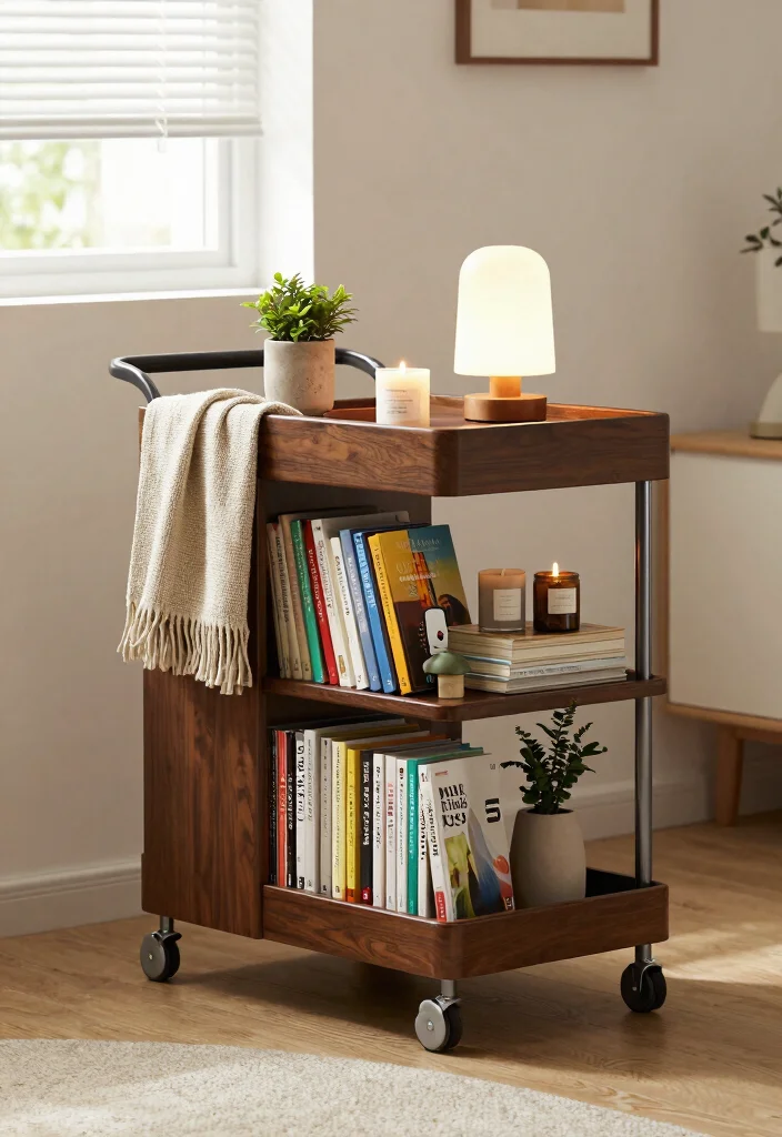 12 Utility Cart Ideas to Add Extra Storage to Any Bedroom - 8. Bookshelf on Wheels 1