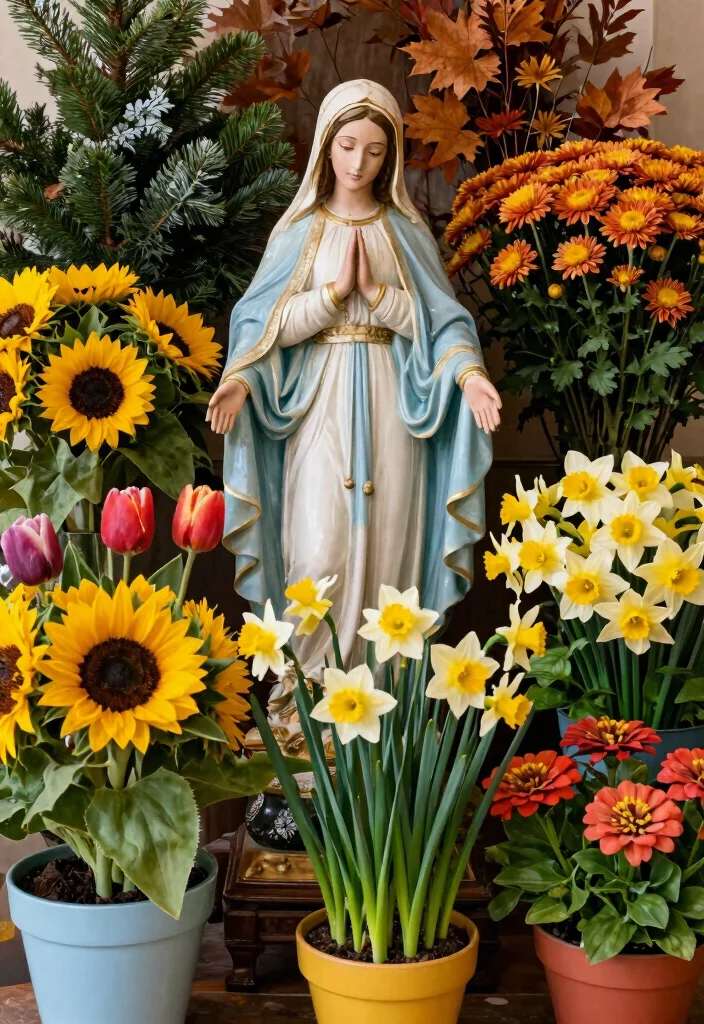 12 Virgin Mary Statue Garden Ideas for a Peaceful and Sacred Outdoor Space - 11. Virgin Mary Statue with Seasonal Flower Arrangements 1