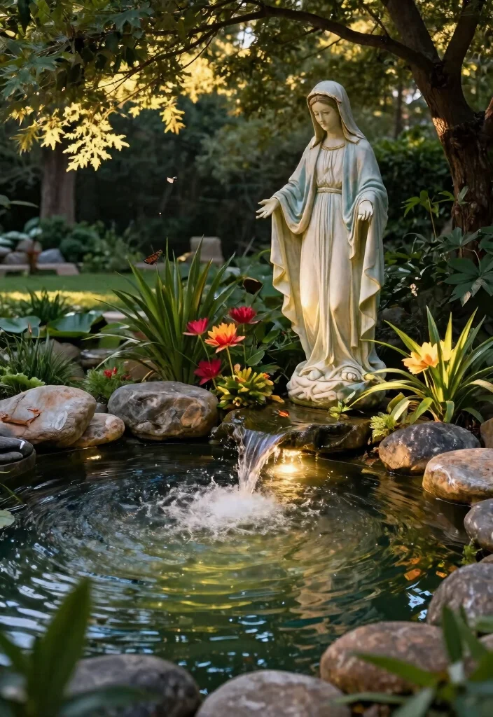 12 Virgin Mary Statue Garden Ideas for a Peaceful and Sacred Outdoor Space - 2. Tranquil Water Feature with Virgin Mary Statue 1