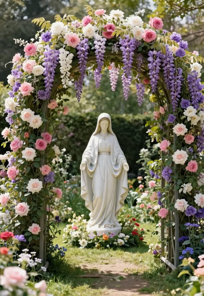 12 Virgin Mary Statue Garden Ideas for a Peaceful and Sacred Outdoor Space - 3. Virgin Mary Statue Surrounded by a Flower Arch 1