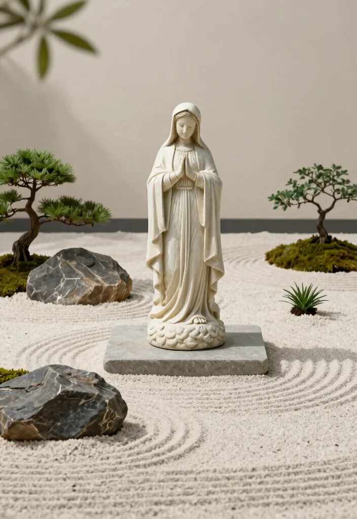 12 Virgin Mary Statue Garden Ideas for a Peaceful and Sacred Outdoor Space - 4. Minimalist Virgin Mary Statue in a Zen Garden 1