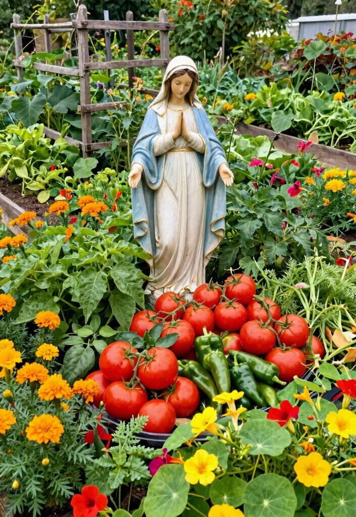 12 Virgin Mary Statue Garden Ideas for a Peaceful and Sacred Outdoor Space - 5. Virgin Mary Statue Nestled in a Vegetable Garden 1