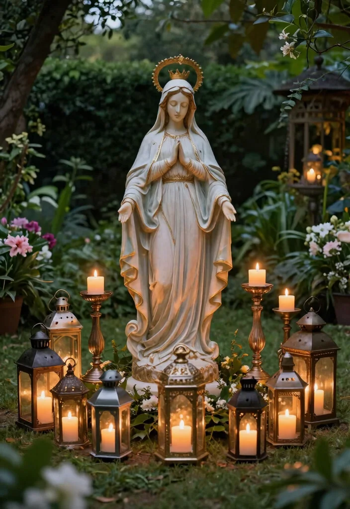 12 Virgin Mary Statue Garden Ideas for a Peaceful and Sacred Outdoor Space - 6. Virgin Mary Statue with Candleholder Setup 1