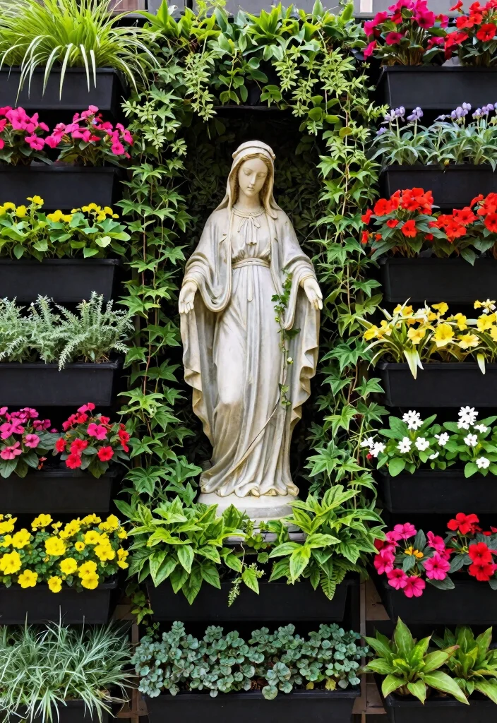 12 Virgin Mary Statue Garden Ideas for a Peaceful and Sacred Outdoor Space - 8. Vertical Garden Display with Virgin Mary Statue 1
