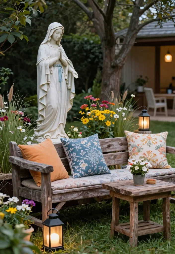 12 Virgin Mary Statue Garden Ideas for a Peaceful and Sacred Outdoor Space - 9. Virgin Mary Statue with a Peaceful Seating Area 1