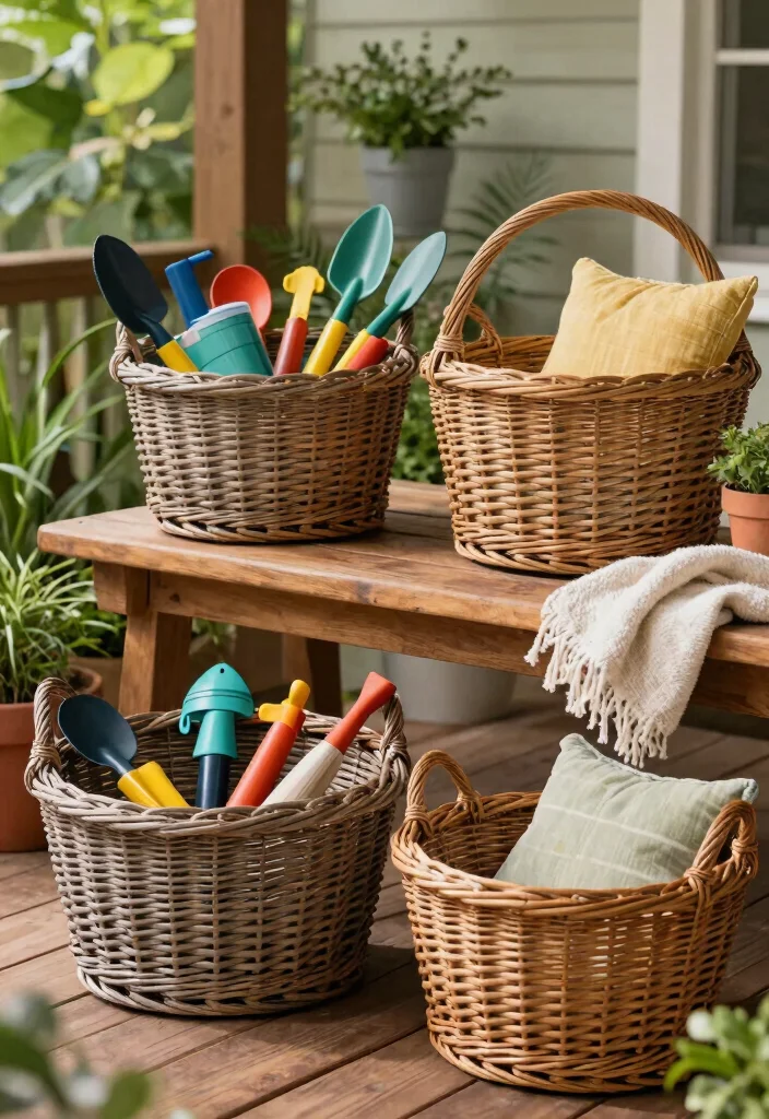 14 Deck Storage Box Ideas for a Tidy and Weatherproof Outdoor Space - 1. Weatherproof Wicker Baskets 1