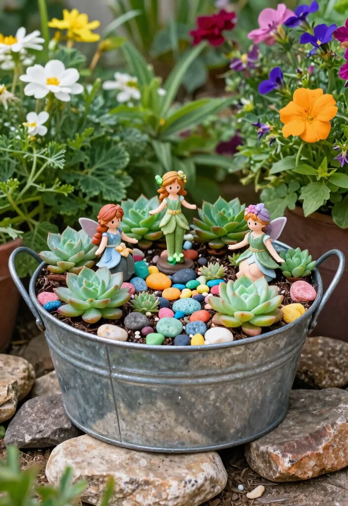 14 Galvanized Planter Ideas for a Rustic and Industrial Garden Look - 12. Galvanized Planter Fairy Garden 1
