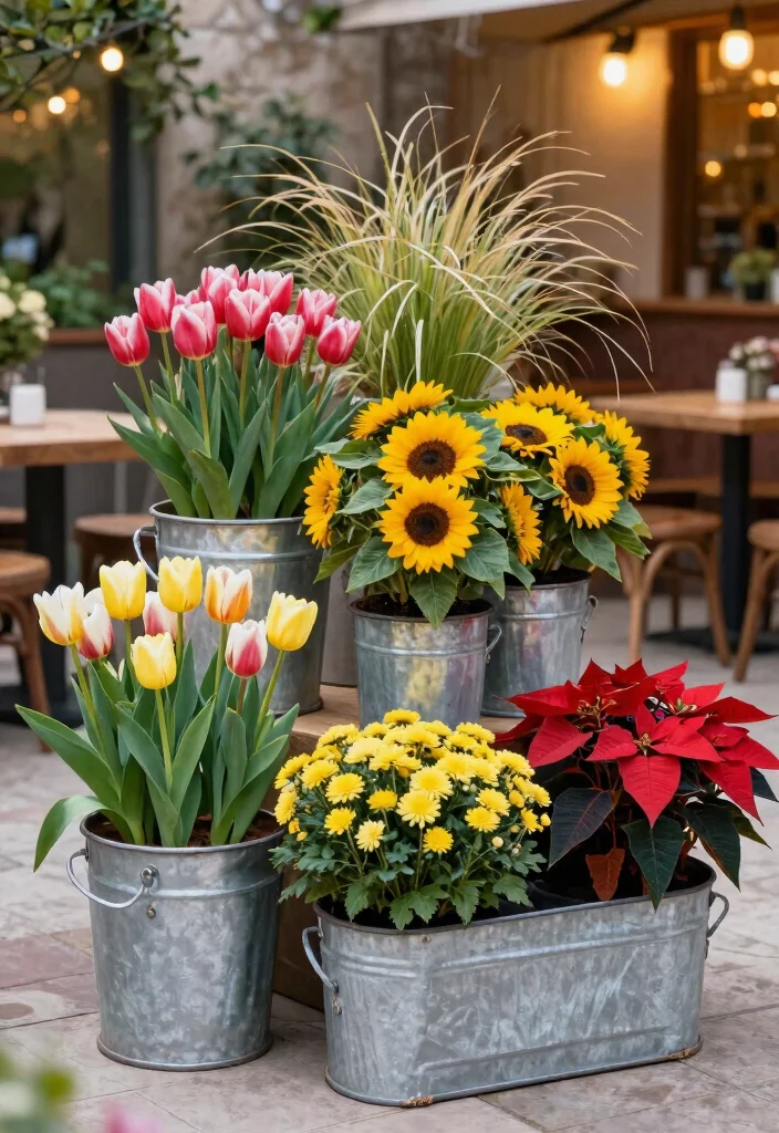 14 Galvanized Planter Ideas for a Rustic and Industrial Garden Look - 13. Galvanized Planter Seasonal Display 1