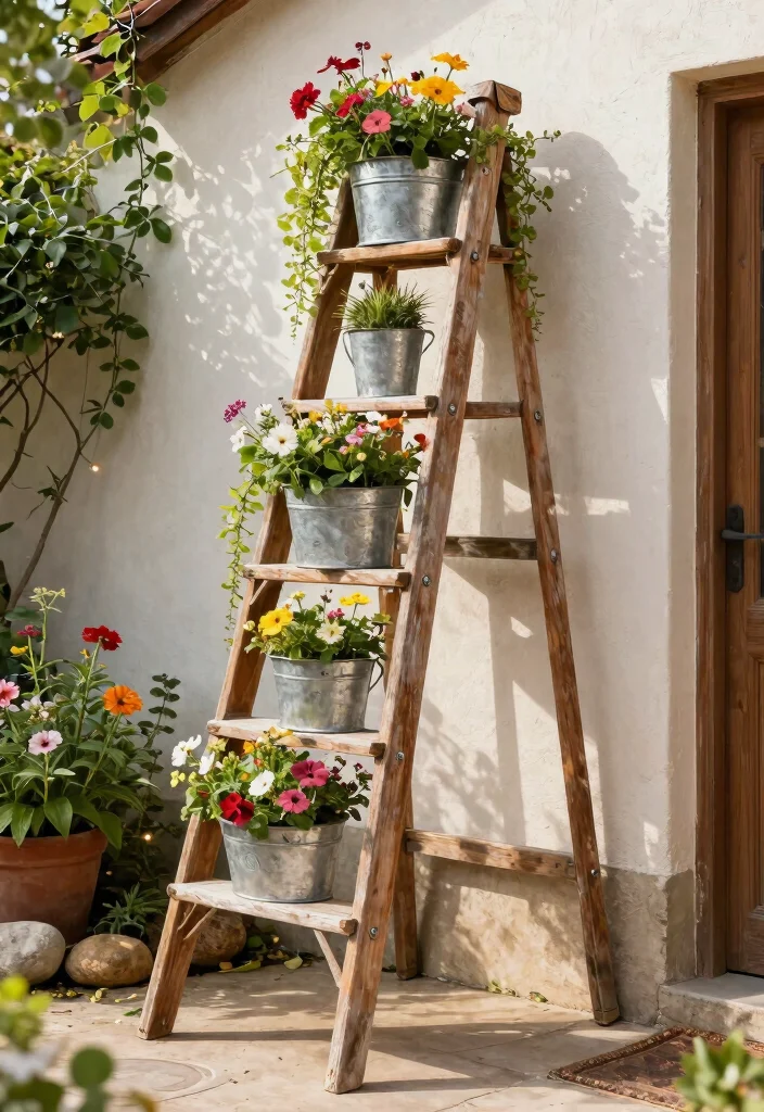 14 Galvanized Planter Ideas for a Rustic and Industrial Garden Look - 8. Galvanized Planter Ladder Display 1