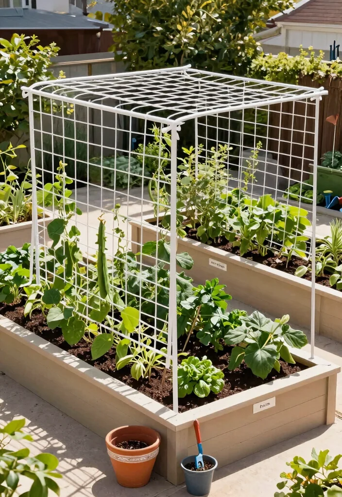 14 Raised Garden Bed Trellis Ideas to Grow More in Less Space - 10. Grid Trellis System 1