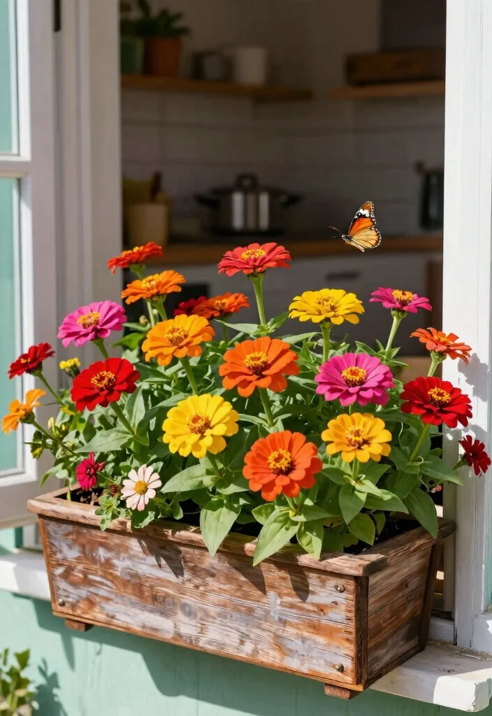 14 Window Flower Box Ideas for Full Sun With Low-Maintenance Plants - 9. Colorful Zinnias 1