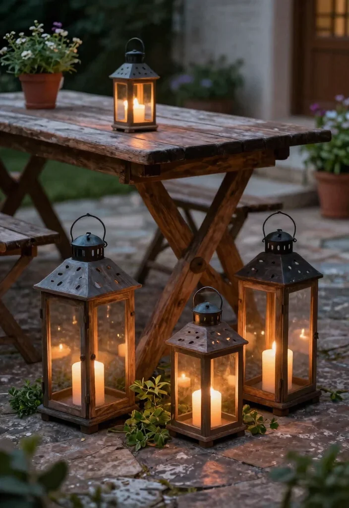 15 Outdoor Patio Lantern Ideas for Tables - 1. Rustic Wooden Lanterns on Stone Flooring 1
