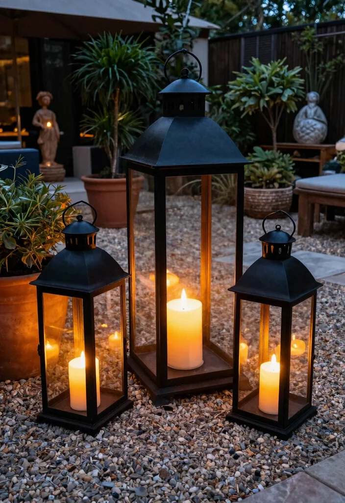 15 Outdoor Patio Lantern Ideas for Tables - 11. Statement Lanterns on Gravel Surfaces 1