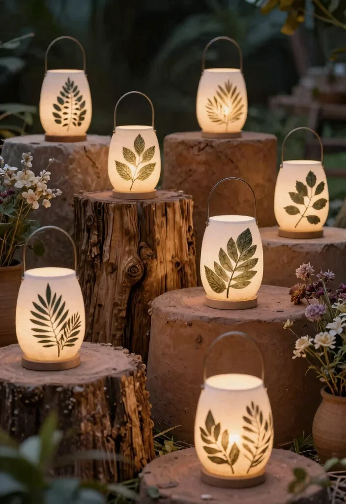 15 Outdoor Patio Lantern Ideas for Tables - 12. Lanterns with Nature-Inspired Designs on Earthy Surfaces 1